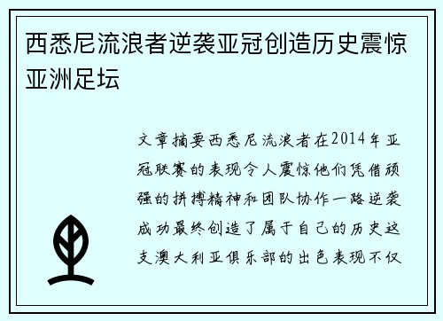 西悉尼流浪者逆袭亚冠创造历史震惊亚洲足坛 西悉尼流浪者逆袭亚冠创造历史震惊亚洲足坛